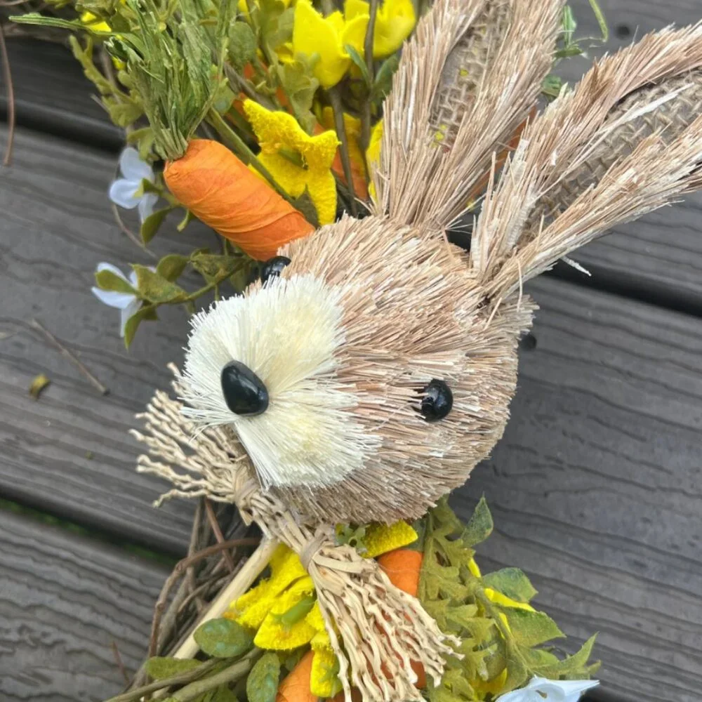 Spring Bunny Rafta Easter Wreath with Yellow Flowers with Carrots Home Decor
